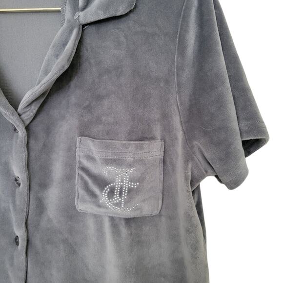 Juicy Couture Velour Top Size Large L Bowling Shirt Gray Bling Logo Y2K - Picture 4 of 7